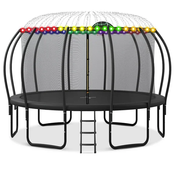 Jump Into Fun Trampoline 12FT 14FT 15FT 16FT, 1500LBS Trampoline for Adults/ 10 Kids, Trampoline with Enclosure, Basketball Hoop, Wind Stakes, Outdoor Upgraded Arc Pole Trampoline
