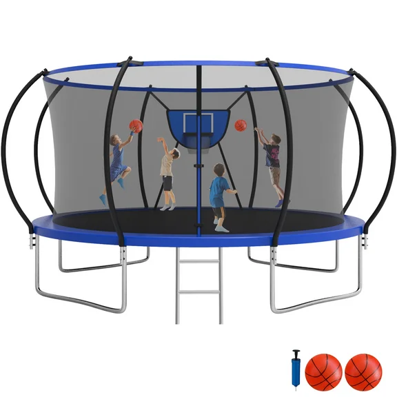 Jump Into Fun Trampoline, 12FT 14FT Trampoline Capacity for 4-5 Kids/1-2 Adults, Outdoor Trampoline with Enclosure, Basketball Hoop and 2 Balls, No Gap Design Heavy Duty Galvanized Pumpkin Trampoline