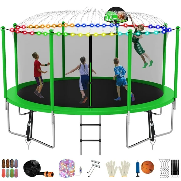Jump Into Fun Trampoline 14FT 1400LBS for Adults/7-8 Kids, Outdoor Trampolines with Enclosure, Basketball Hoop, Light, Sprinkler, Socks, Wind Stakes, Heavy Duty Recreational Trampoline