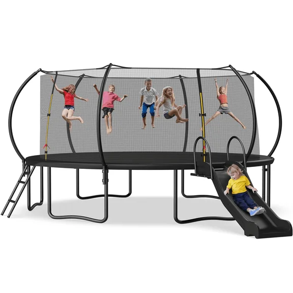 Jump Into Fun Trampoline 14FT Capacity for 4-6 Kids, Trampoline with Slide, Enclosure Net and Ladder, Pumpkin Trampoline for Adults and Kids, Curved Poles Recreational Backyard Trampoline