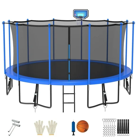 Jump Into Fun Trampoline 15FT 14FT 12FT, Trampoline for Adults and Kids with Enclosure, Basketball Hoop, Wind Stakes & Ladder, Recreational Outdoor Spray Galvanized Round Trampoline