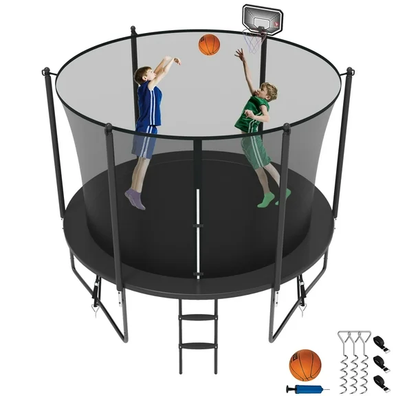 Jump Into Fun Trampoline 8 10 12 14 15 16FT, 800LBS Trampoline for Kids, Trampolines with Enclosure, Basketball Hoop, Wind Stakes, Galvanized Anti-Rust Coating, Outdoor Recreational Trampoline