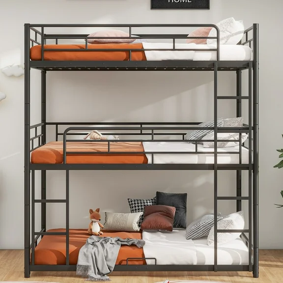 Jump Into Fun Triple Bunk Bed, Full Size Metal Bunk Beds for 3 Kids, Teens, with Built-in Ladder, Safety Guardrails, Can Be Divided into 3 Full Beds, Noise Free for Dorm, Bedroom, Guest Room, Black