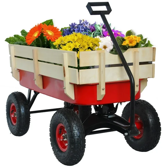 Jump Into Fun Wagon Cart for Kids, Kids Garden Wagon Cart with Rubber Wheels, Removable Wooden Side and Big Wheels, 220LBS Capacity, All Terrain Pulling, Heavy Duty Utility Wagon for Kids (Red)