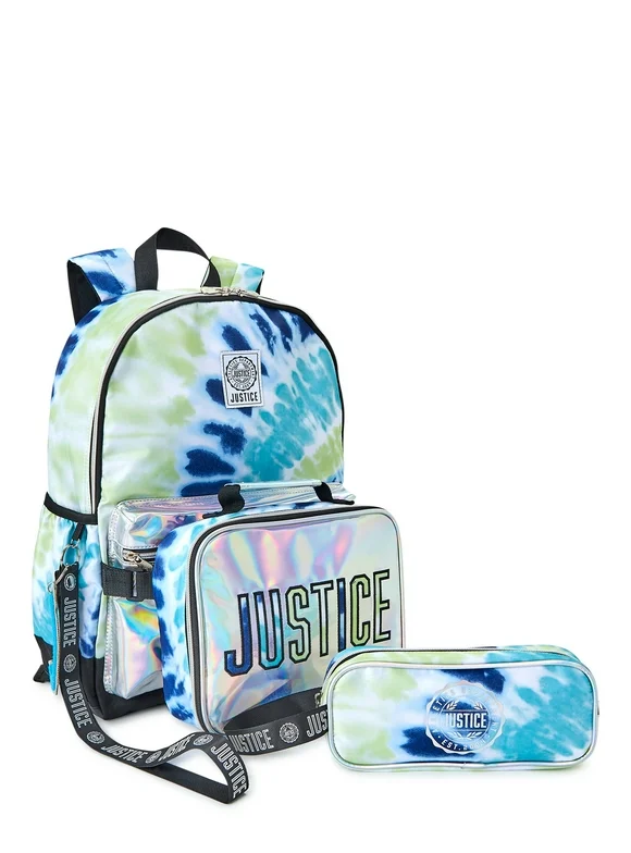 Justice Girls 17" Laptop Backpack, Lunch Tote and Pencil Case, 3-Piece Set Metallic Print Blue Tie Dye