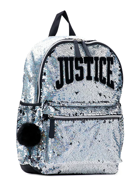 Justice Girls 17" Laptop Backpack with Pom Pom Dangle, Flip Sequin Backpack Metallic Silver