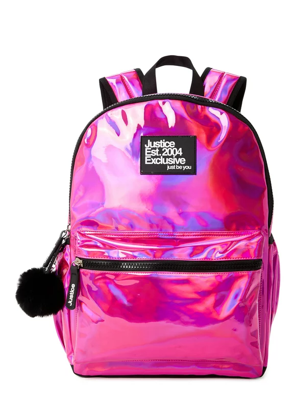 Justice Girls 17" Laptop Backpack with Pom Pom Dangle, Iridescent Pink