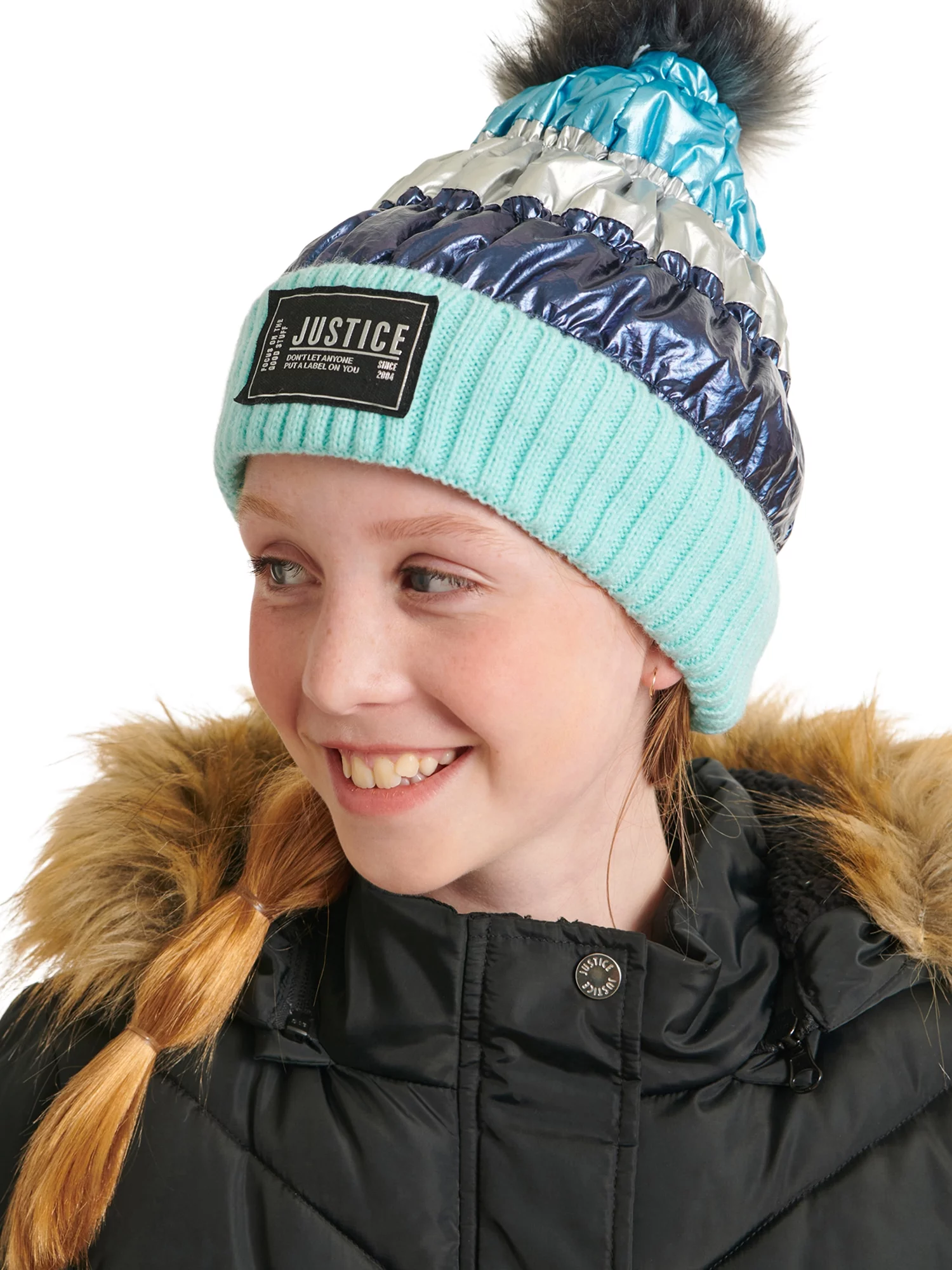 Justice Girls Metallic Aqua Mist Colorblock Quilted Beanie with Faux Fur Pom and Gloves, 2-Piece Set