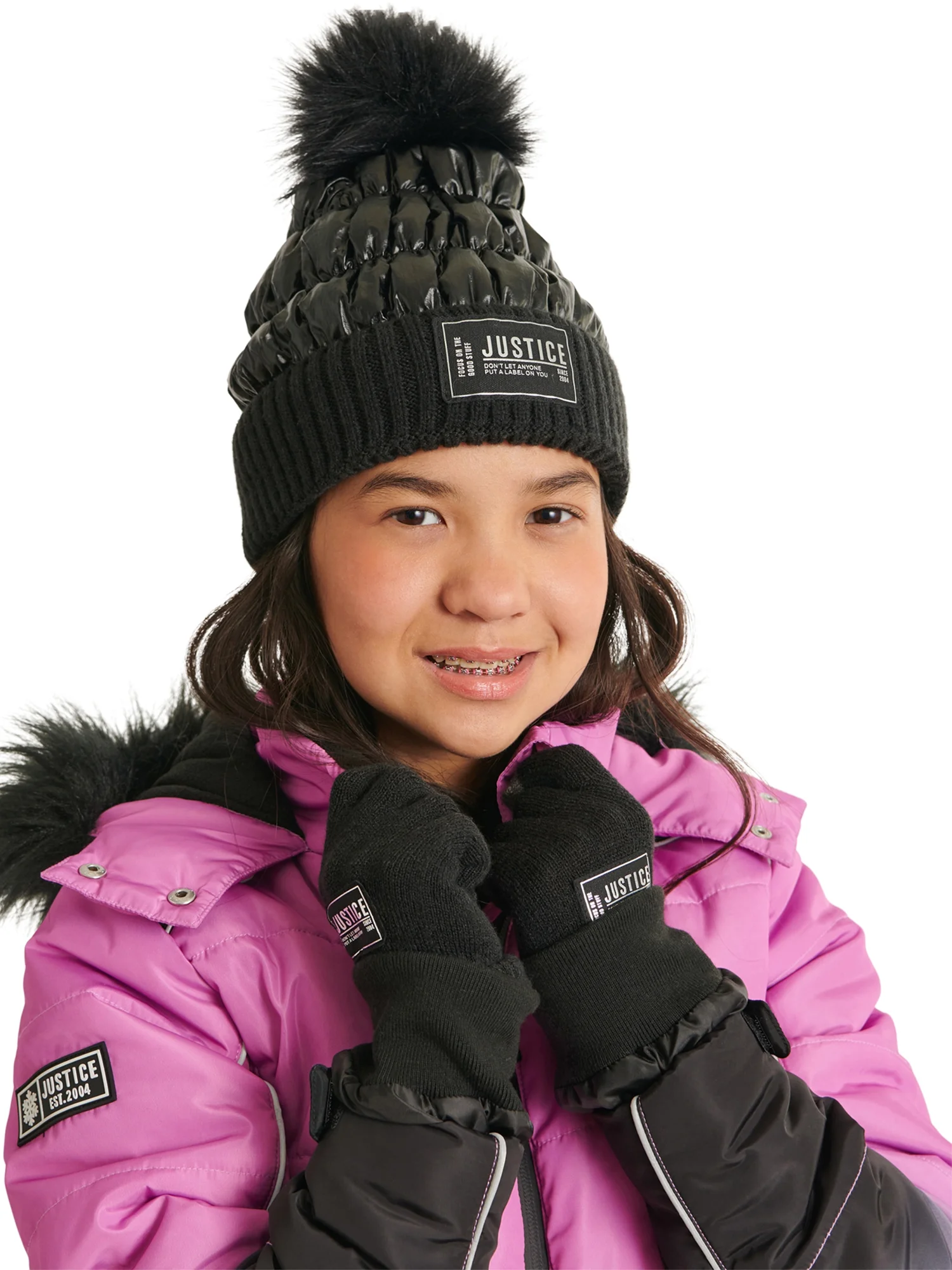 Justice Girls Metallic Shiny Black Quilted Beanie with Faux Fur Pom and Gloves, 2-Piece Set
