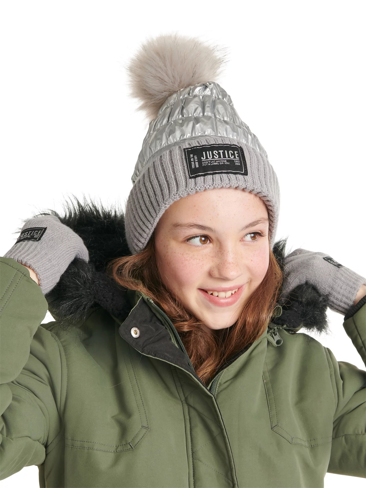 Justice Girls Metallic Silver Quilted Beanie with Faux Fur Pom and Gloves, 2-Piece Set
