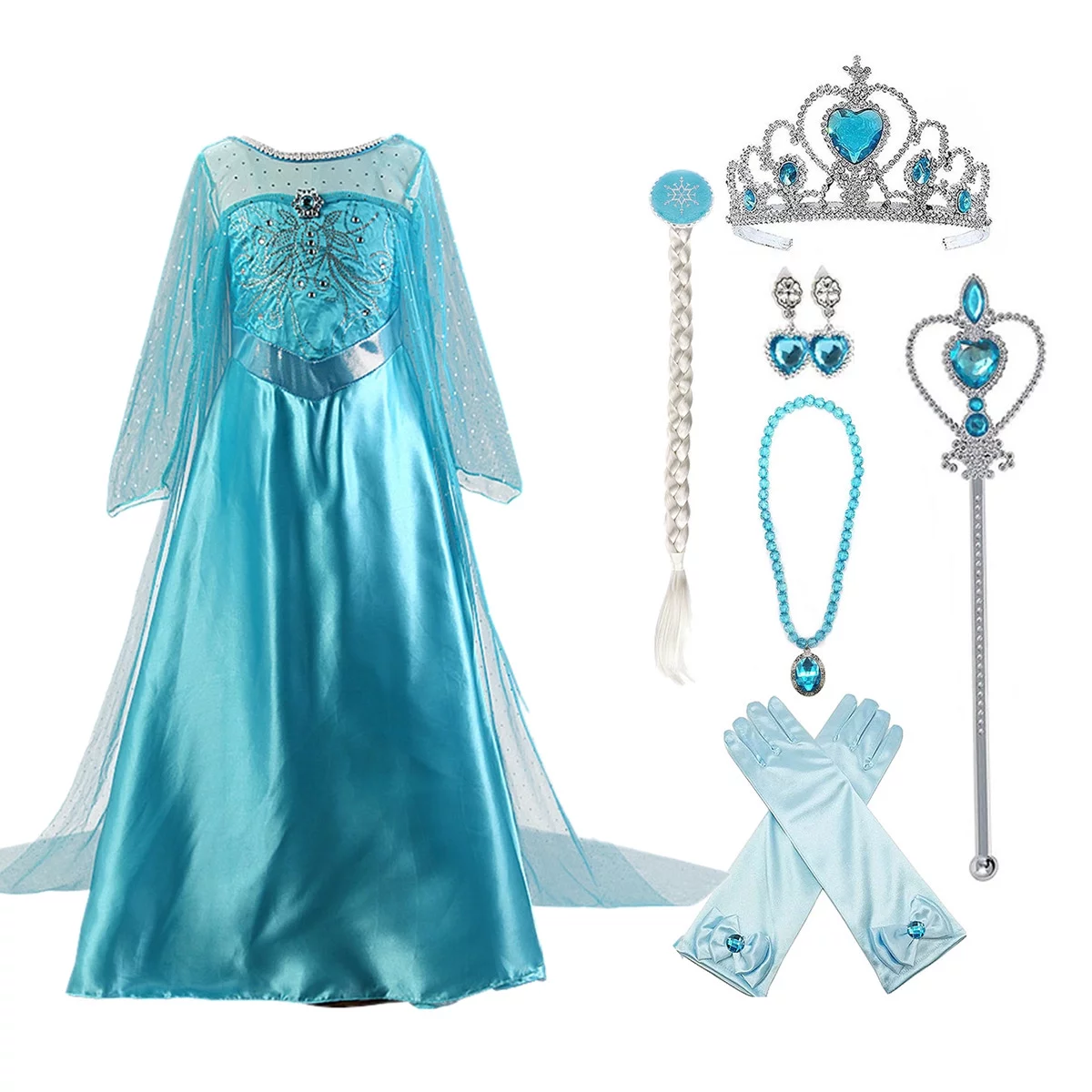 KAWELL Girls Princess Party Elsa Dress Little Girls Cosplay Costume with Accessories,Size 4/5