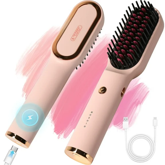 KIPOZI Hair Straightener Brush, Cordless Portable Hot Comb for Travel, Negative Ion Straightening Iron with Built-in Comb, USB Rechargeable & 3 Temp Settings & Anti-Scald, Pink
