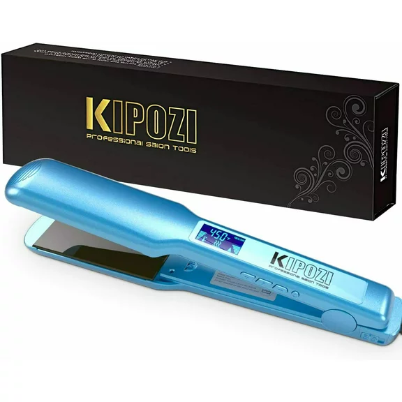 KIPOZI Negative Ion Flat Iron, Anti-Static Hair Straightener with 1.75 Inch Floating Titanium Wide Plates, Blue