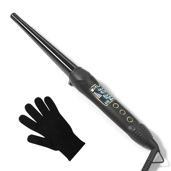 KIPOZI Pro Travel Size 1/2" to 1" Ceramic Conical Hair Curling Wand with Heat Resistant Glove, Black