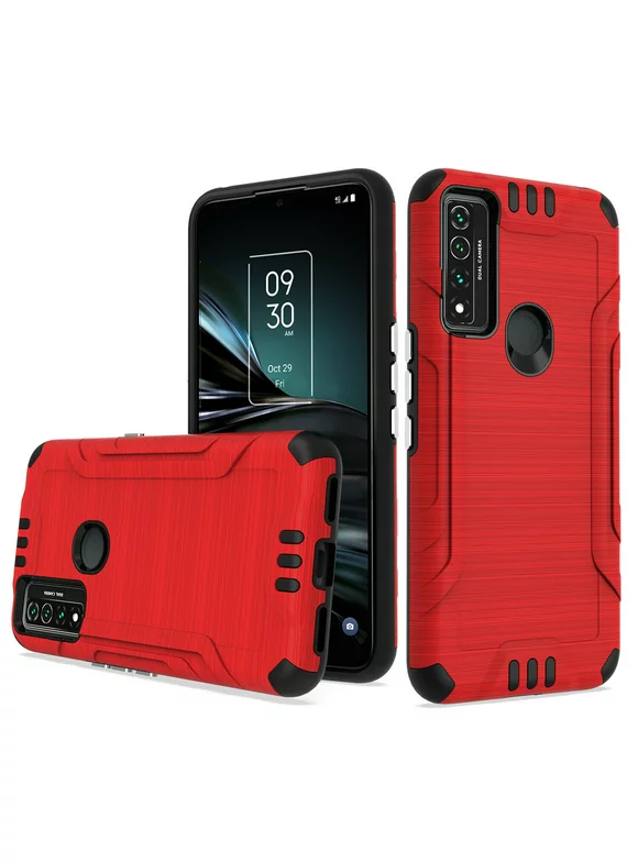 Kaleidio Case For TCL 4X 5G (T601DL) [Combat Armor] Brushed Metallic Impact [Shockproof] Protector Hybrid Cover [Red/Black]