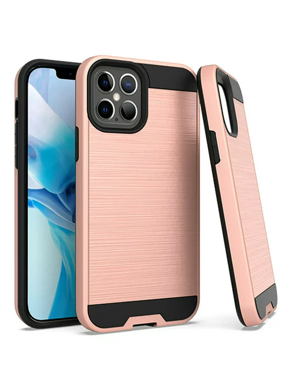 Kaleidio Case For iPhone 12 Pro Max (6.7") [Brushed Metal Texture] Hybrid 2-Piece Armor [Shockproof] Slim Cover [Rose Gold/Black]