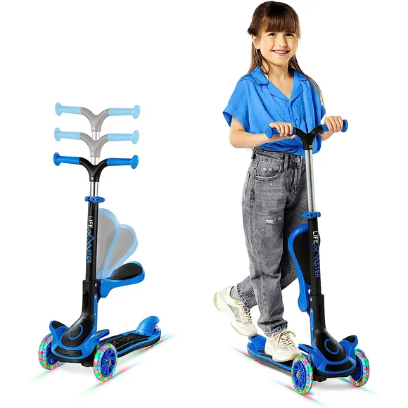 Kids Scooter – Foldable Seat – LED Wheel Lights Illuminate When Rolling – Children and Toddler 3 Wheel Kick Scooter – Adjustable Handlebar – Indoor and Outdoor- Blue - by Lifemaster