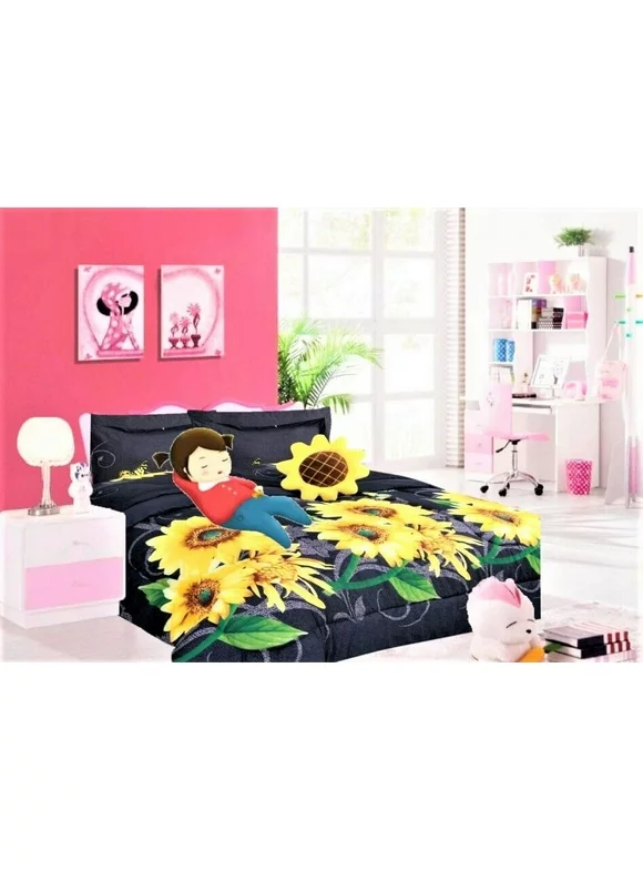 Kids girls boys comforter set bed in bag sunflower black printed easy wash twin size 6 pieces super soft bedding décor