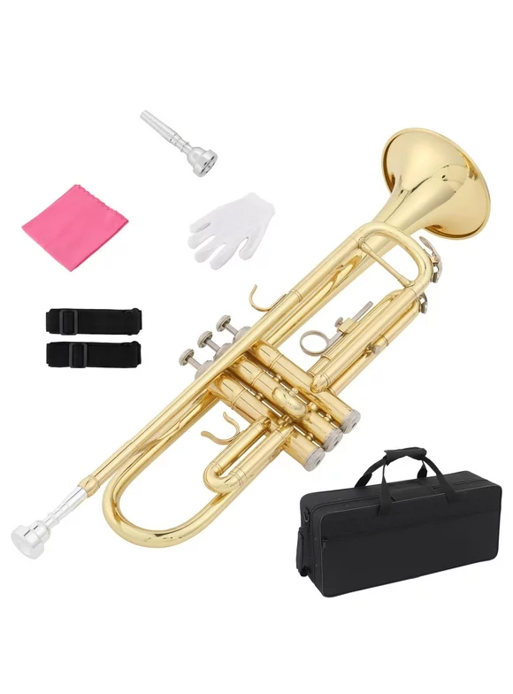 Ktaxon Bb Standard Trumpet Set, Gold Lacquer Brass with Case for Students Beginner School Band