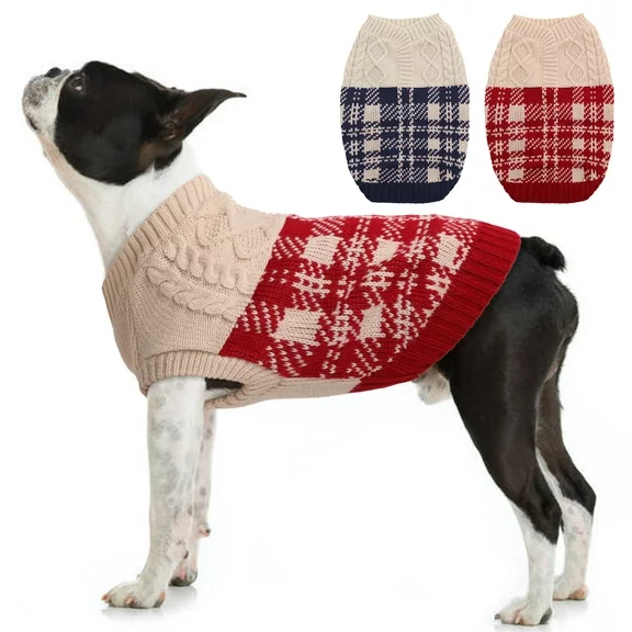 Kuoser Dog Cat Sweater, Warm Puppy Plaid Knitwear Jumper with Knitting Pattern, Soft Cotton Doggie Hoodie Winter/Autumn Pet Pullover Shirt for Small and Medium Dogs Cats, Red & Blue