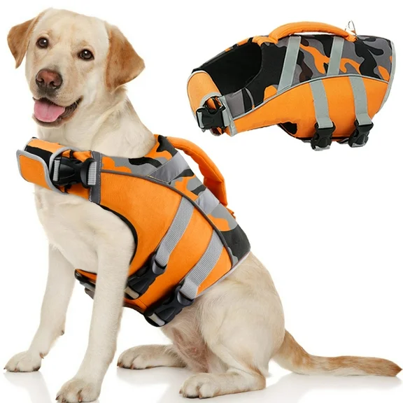 Kuoser Dog Life Jacket with Reflective Stripes, Adjustable Dog Life Vest Ripstop Dog Lifesaver, Orange, XS