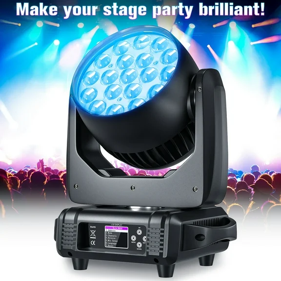 LED Moving Head Light 19x15W Beam/Dye/Zoom Effect, RGBW 4 in 1 Stage Light Professional DMX512 and Voice Controlled DJ Light for Christmas Halloween Music Party Disco Wedding