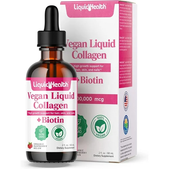 LIQUIDHEALTH 100% Vegan Collagen plus Biotin 100,000mcg Liquid Drops for Hair, Skin, and Nail Health