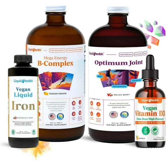 LIQUIDHEALTH Active Lifestyle Bariatric Vitamin Bundle with Iron, B-Complex Multivitamins, Optimum Joint Glucosamine Chondroitin, & Vitamin D3