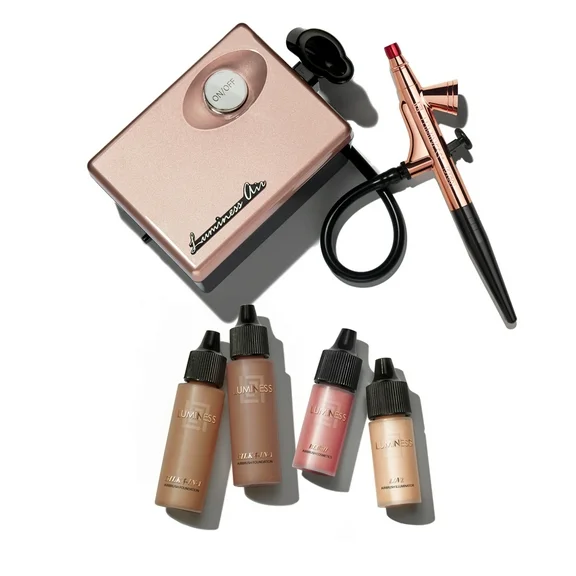 LUMINESS Rose Gold Legend Makeup, Airbrush System & 4 Piece Foundation Starter Kit, Coverage, Quick, Easy & Long Lasting Application, Includes Silk 4 in 1 Foundation