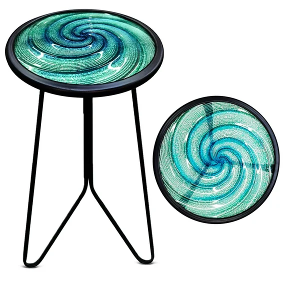 Liffy Green Glass Side Table - 20" Height Vortex Metal End Table with Plant Stand for Living Room, Balcony, Porch