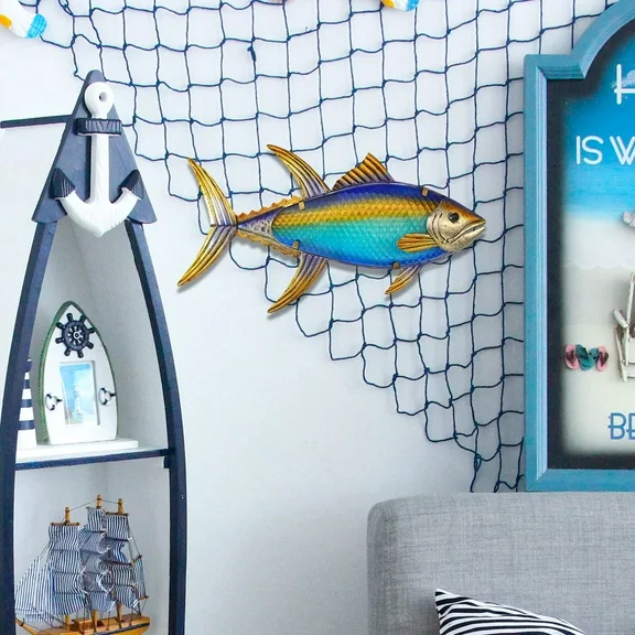 Liffy Metal Fish Wall Decor - Blue Tuna Fish Art for Ocean Themed Pool, Bathroom, Living Room - Nautical Wall Art