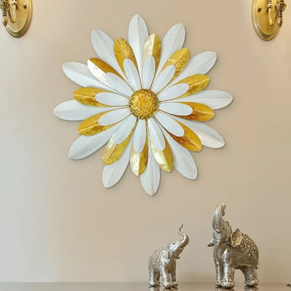 Liffy Rustic 3D Flower Wall Decor - Extra Large Gold & White Metal Art for Home or Patio (20") - Stunning Decoration