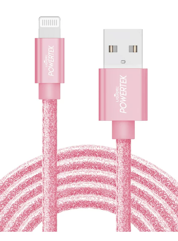 Liquipel Powertek iPad & iPhone Charger Cable, Fast Charging 6ft MFI Certified Lightning to USB Cord, Pastel Glitter Pink