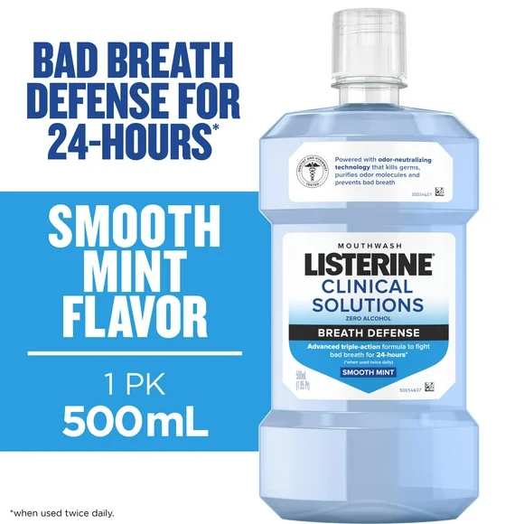 Listerine Breath Defense Alcohol-Free Mouthwash, Smooth Mint, 500 mL