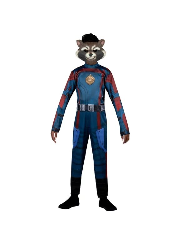 MARVEL Youth Rocket Child Unisex Costume - Printed Jumpsuit with Detachable Faux Fur Tail, 3D Plastic Mask. Size S