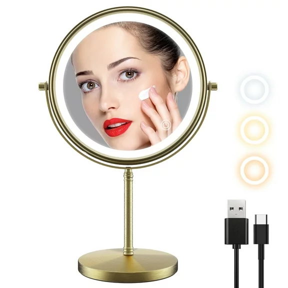 MATEPROX 8" Lighted Makeup Mirror with Stand, 1X 10X Magnifying Mirror Double Side, Detachable Table Top Vanity Mirror-Golden