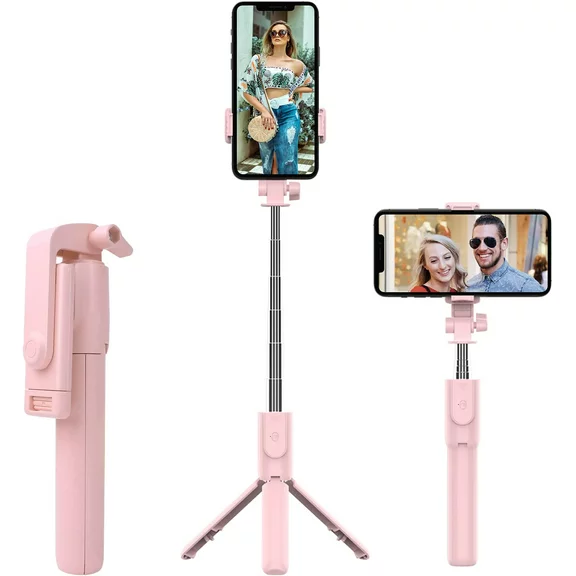 MATEPROX Selfie Stick Tripod with Remote, 3 in 1 Extendable Portable Foldable Cell Phone Holder Stand for iPhone Samsung LG - Pink