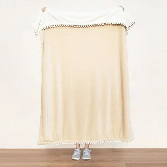 MONDAY MOOSE Cozy Fleece Throw Blanket with Pom Pom Fringe, Soft Microfiber Flannel Blanket, Double-Sided Designs (50x60 inch, Cream/Light Brown)