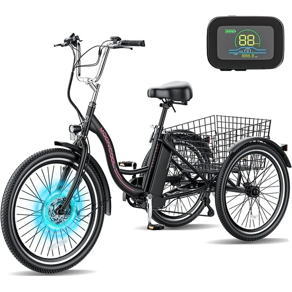 MOONCOOL 24"/26" 7 Speed Electric Tricycle, 350W 36V Electric Trike Motorized Three Wheel Electric Bicycle for Adults with Large Basket
