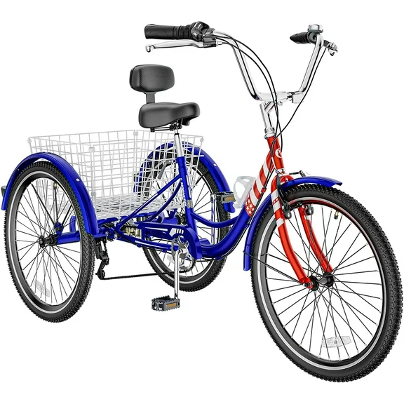 MOONCOOL 24" 26" Adult Tricycle, 7 Speed 3 Wheeled Bikes for Adults, Trike Cruiser Bike w/ Large Basket & Maintenance Tools & Shimano Derailleur & Parking Brake Handle