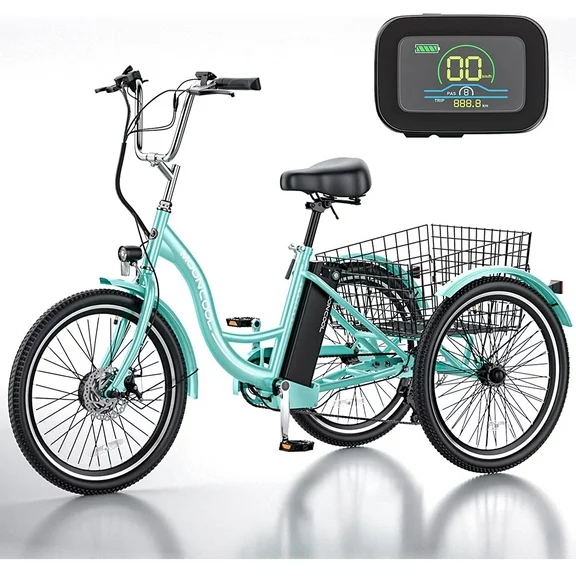 MOONCOOL 24"/26" Electric Tricycle for Adults, 350W 36V 7 Speeds Electric Trike Motorized Three Wheel Electric Bikes Bicycle with Large Basket for Women Men