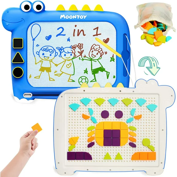 MOONTOY 2 in 1 Magnetic Drawing Board, Etch a Sketch for Toddlers 1-3, Magna Doodle Board Pad & 110 pcs Pattern Blocks Learning and Educational Toys for 1 2 3 Year Old Baby Kids Birthday Gift