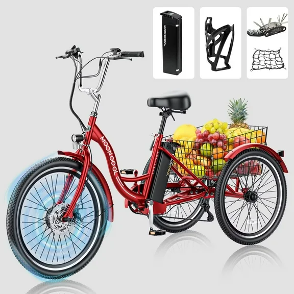 MOPHOTO 24" 350W 36V 7 Speed Electric Adult Tricycle, Electric Tricycle for Adults with Basket, 3 Wheel Electric Bikes for Women Men