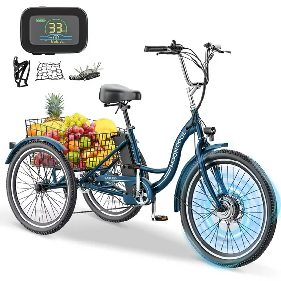 MOPHOTO 24" 350W 36V 7 Speeds Electric Tricycle for Adult, Electric Trike with Basket, 3 Wheel Electric Bikes with Led Headlight, Motorized Tricycle for Senior