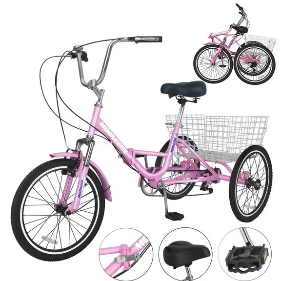 MOPHOTO 26" Adult Tricycle Folding Three Wheel Cruiser Bikes 7 Speed, Portable and Foldable Tricycle Trikes for Men & Women Outdoor Cycling, Pink