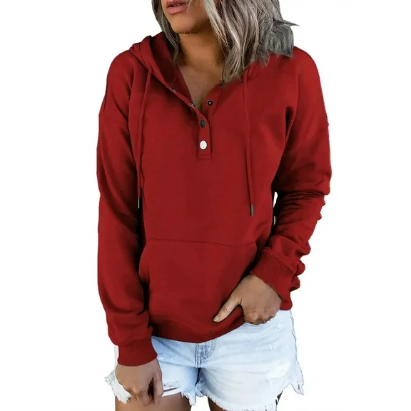 MOSHU Half Boutton Womens Hoodies Drawstring Hooded Sweatshirts for Woman With Pocket