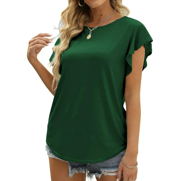 MOSHU Summer Blouses for Women Ruffle Sleeve Womens Tops Round Neck Casual Tshirts