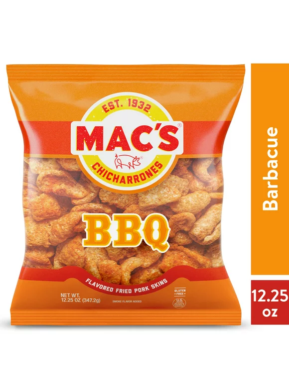 Mac's Chicharrones BBQ Flavored Crispy Fried Pork Skins, 12.25 oz Bag