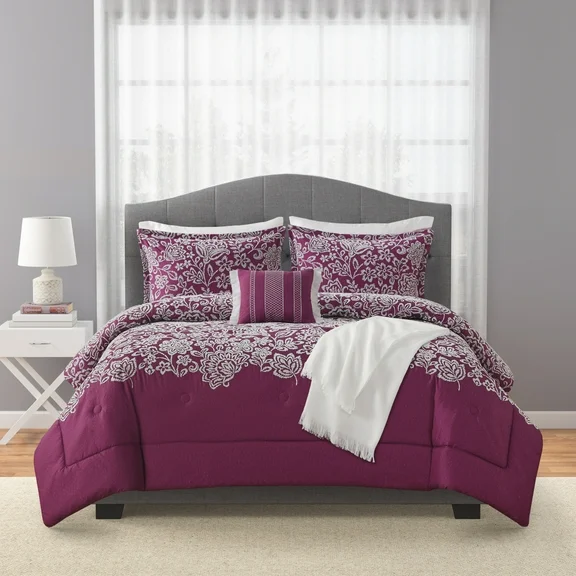 Mainstays 5-Piece Purple Floral Comforter Set, King