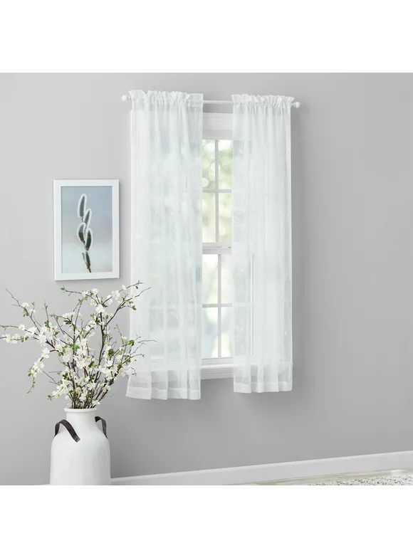 Mainstays Embroidered Scroll Rod Pocket Sheer Curtain Panel, White/White, 38" x 63"